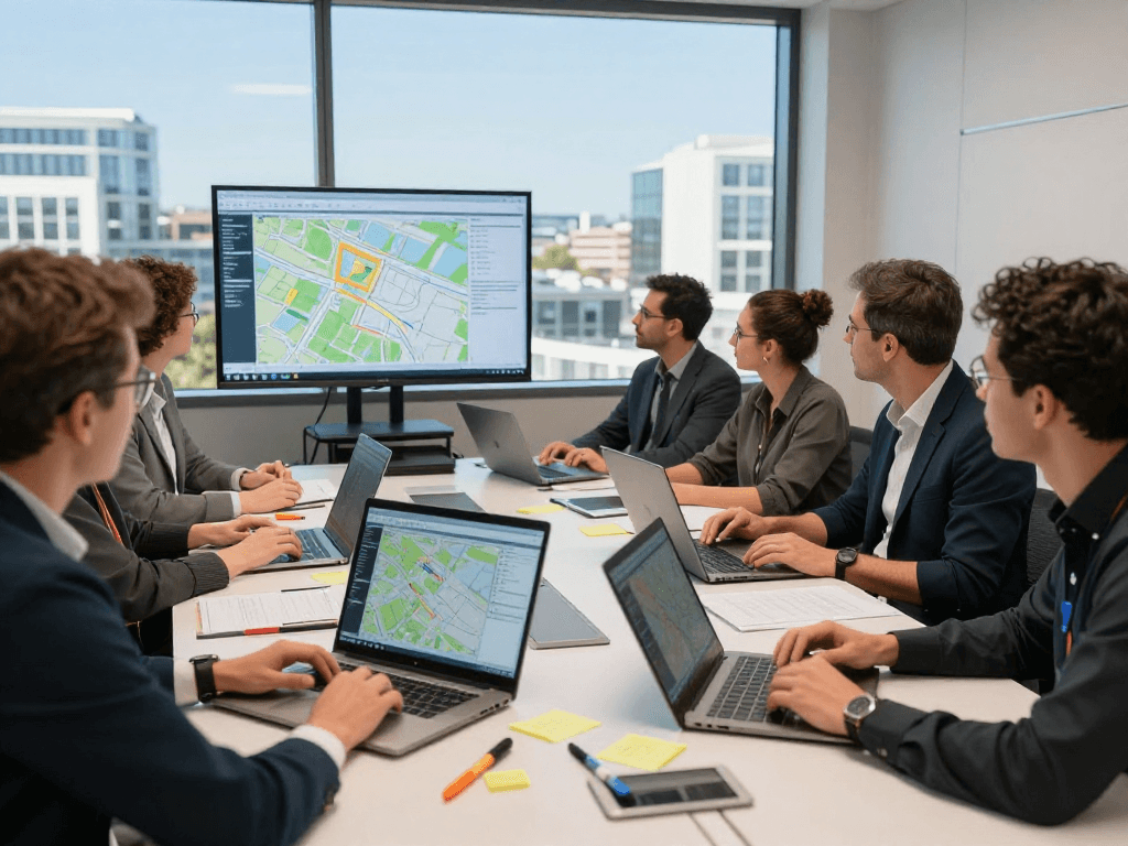 Kooperationsszene von Vermessungsbüros und ÖbVI in modernem Büro, Team diskutiert Landvermessungsdaten.