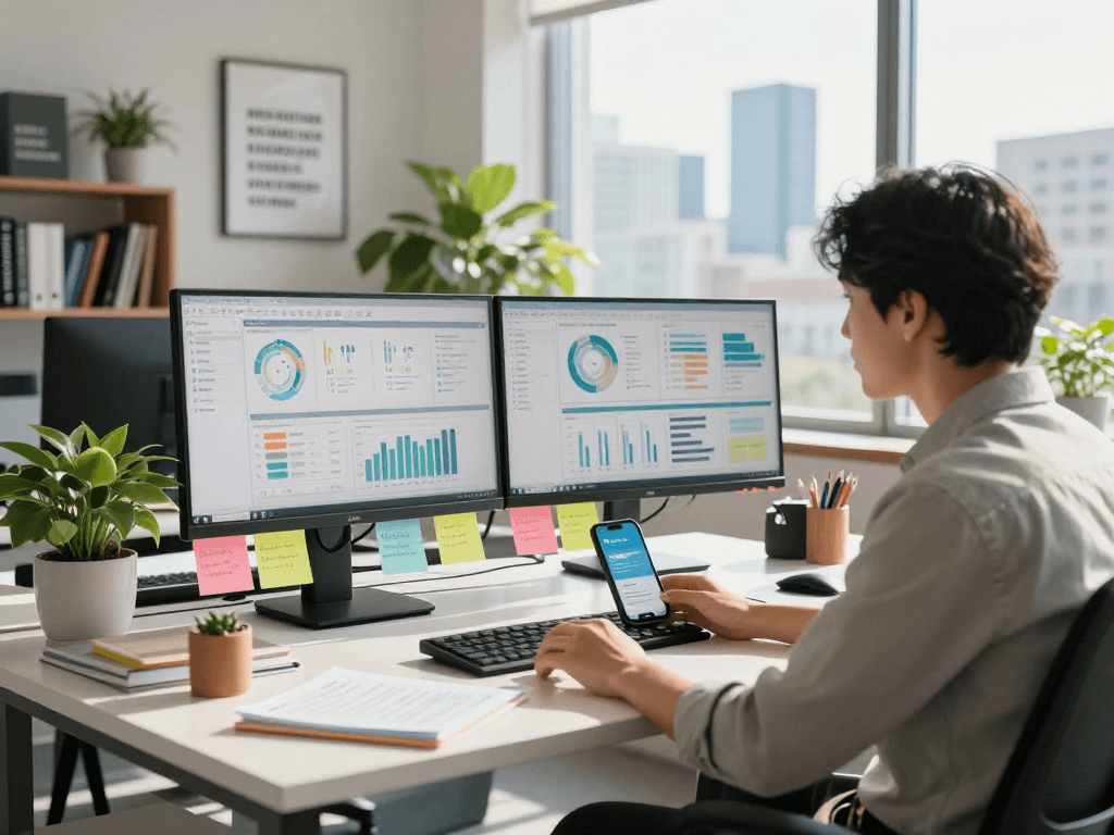 Marketing professional analyzing rokok88 strategies in a vibrant office
