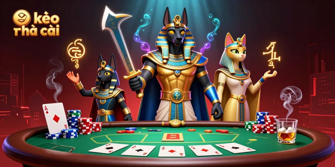 Betting on kèo nhà cái with ancient Egyptian warriors and vibrant poker elements.