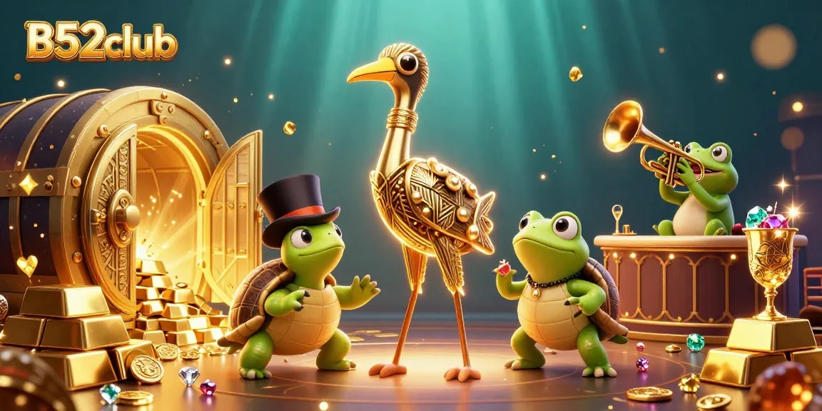 Engage in thrilling gameplay at B52club, featuring vibrant characters amidst a dazzling treasure scene.