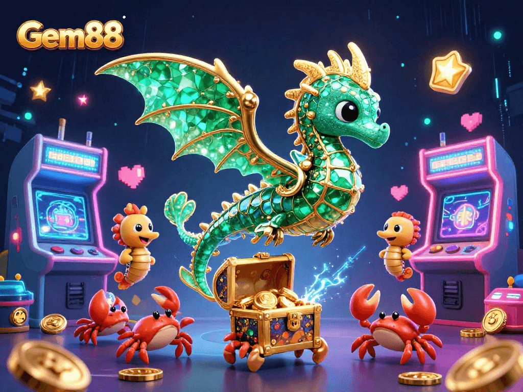 Engage with thrilling Gem88 gameplay featuring sea dragon, arcade elements, and vibrant casino atmosphere.