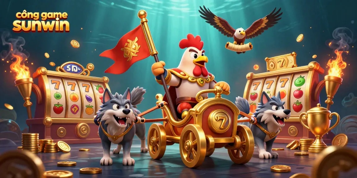 Engage with cổng game sunwin in a colorful, dynamic casino scene filled with slot machines and lively characters.