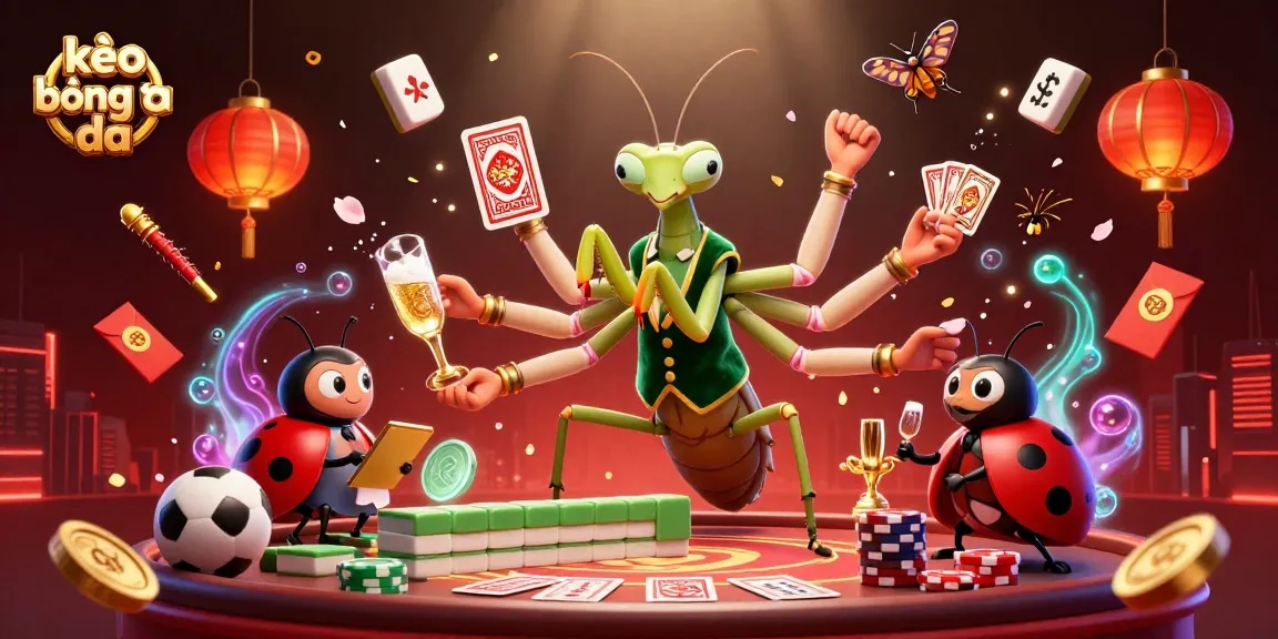 Kèo bóng đá showcases an imaginative scene with a giant praying mantis dealing cards while the ladybug pit boss monitors bets amidst vibrant casino elements.