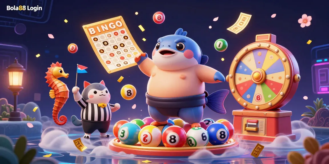 Experience the electrifying energy of Bola88 Login with a lively underwater sumo wrestling scene featuring a fugu, catfish referee, and seahorse fans.
