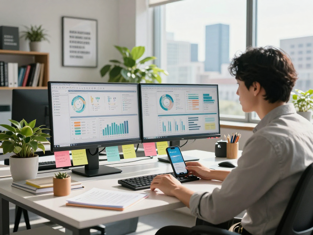 Marketing professional analyzing rokok88 strategies in a vibrant office