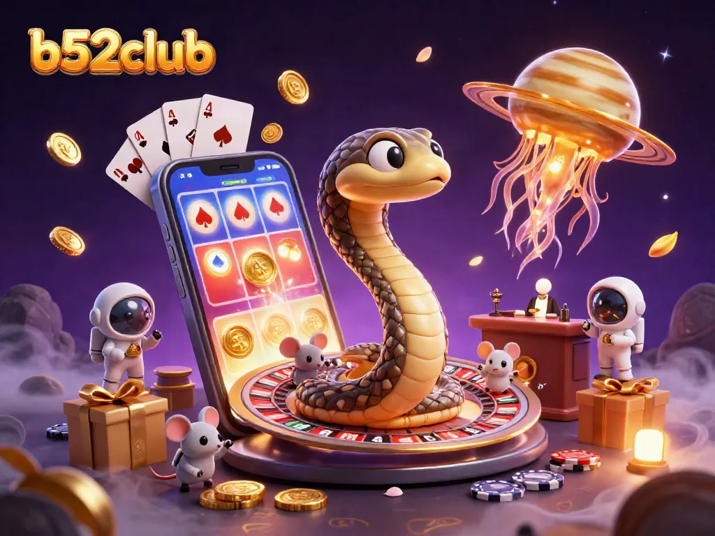 Place your bets at b52club with cartoon mice and cosmic gaming in a vibrant casino scene.