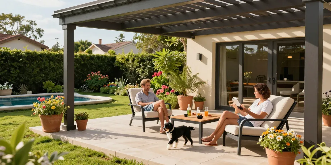 Freistehende Terrassenüberdachung mit einem Paar und Haustieren im sonnenscheinenden Garten.