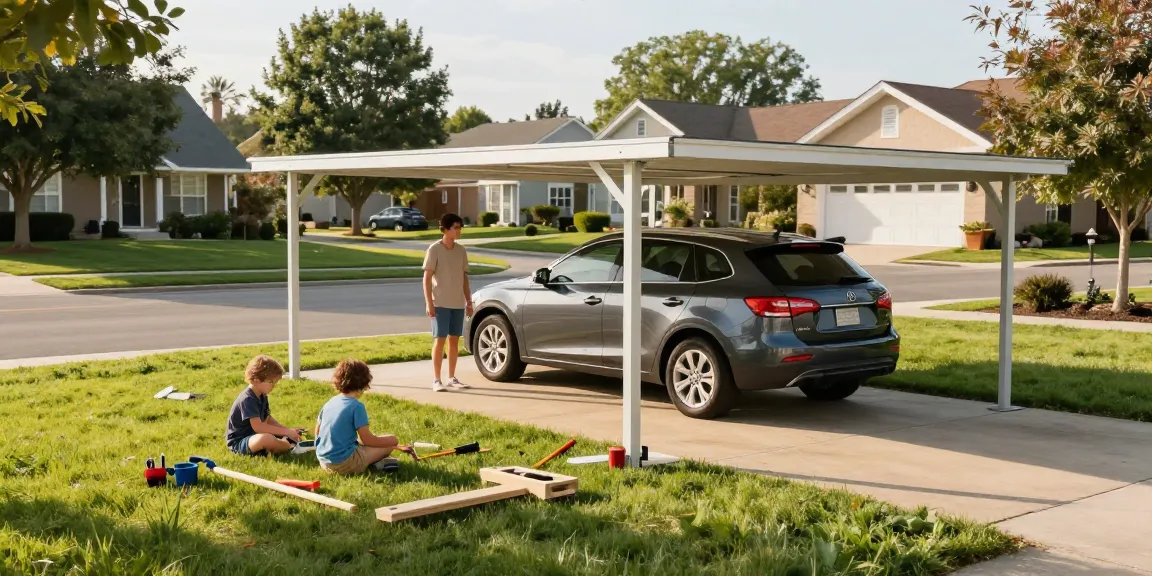 Carport in einer Wohngegend mit spielenden Kindern und einem geparkten Auto.