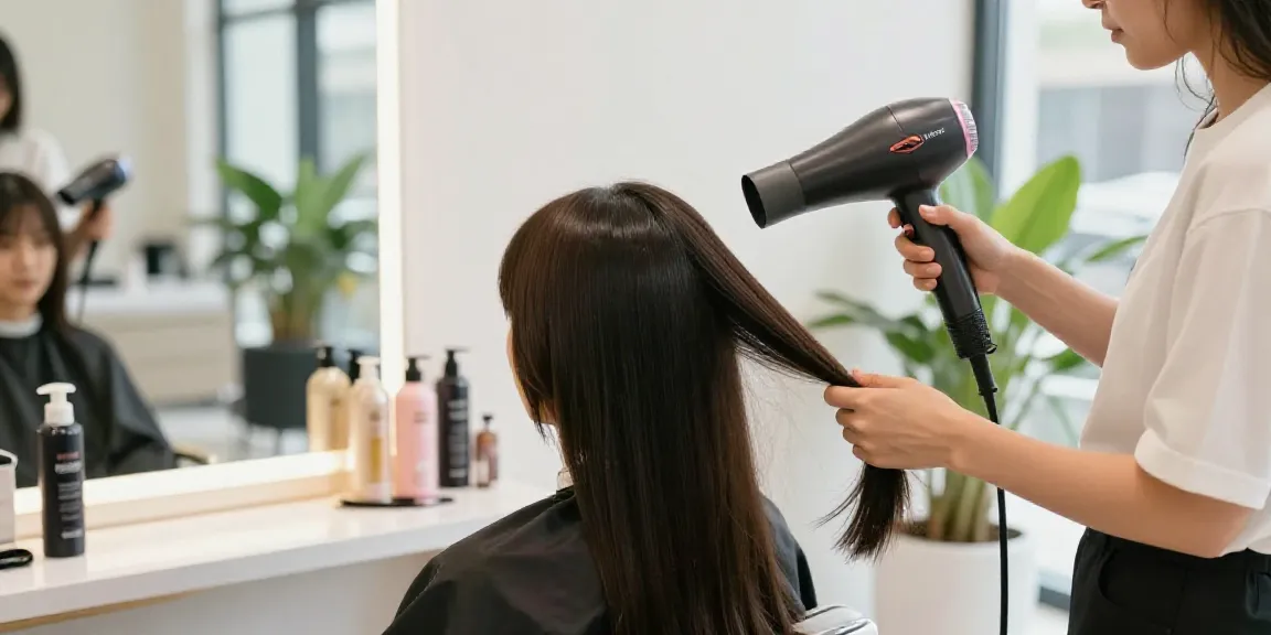 Laifen Air Pro Haartrockner in einem schicken Schönheitssalon bei der Anwendung, glänzendes Haar des Kunden.