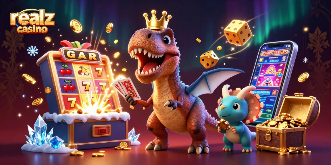 Experience the thrill at realz casino with a T-Rex and friends playing cards and stacking chips!
