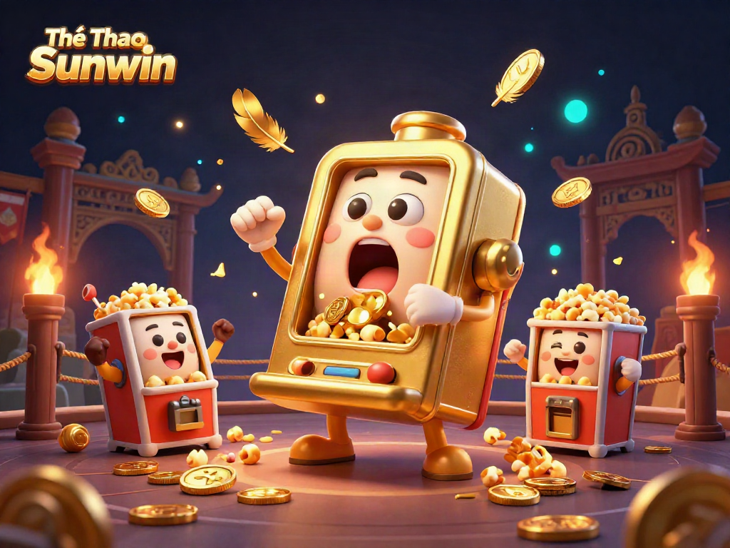 Thể Thao Sunwin showcases a lively 3D cartoon scene with golden slot machines celebrating a jackpot amidst thrilling gambling elements.