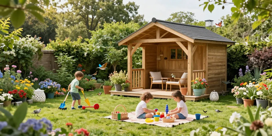 Ein Gartenhaus in einem blühenden Garten mit einer Familie, die ein Picknick genießt.