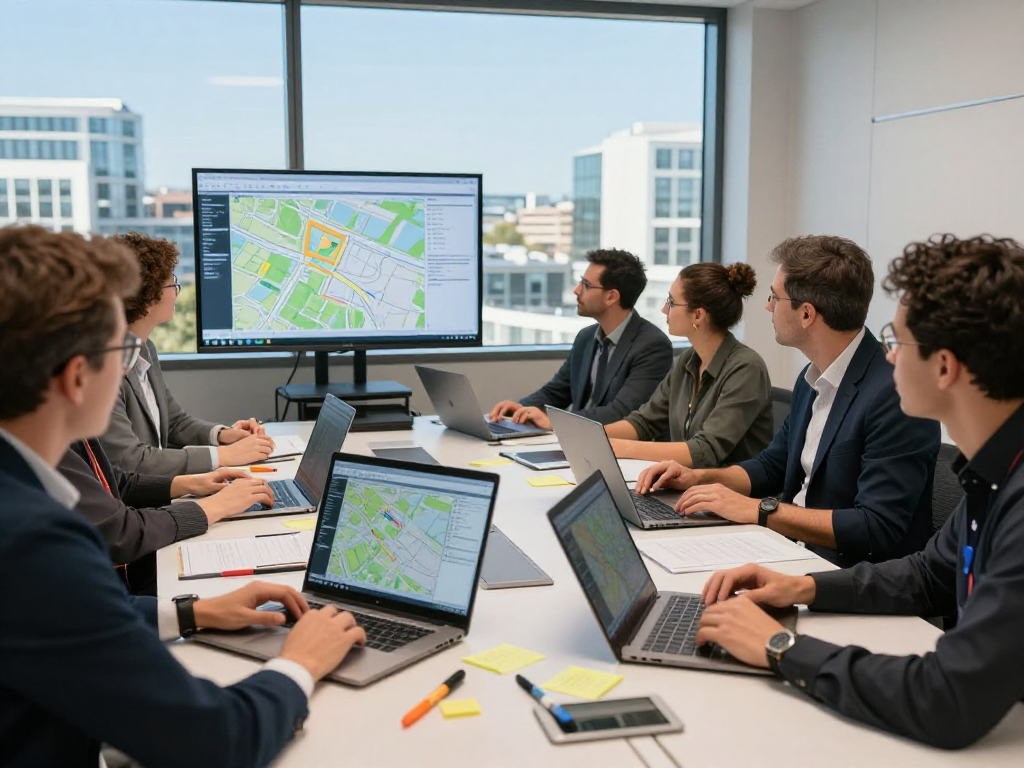 Kooperationsszene von Vermessungsbüros und ÖbVI in modernem Büro, Team diskutiert Landvermessungsdaten.