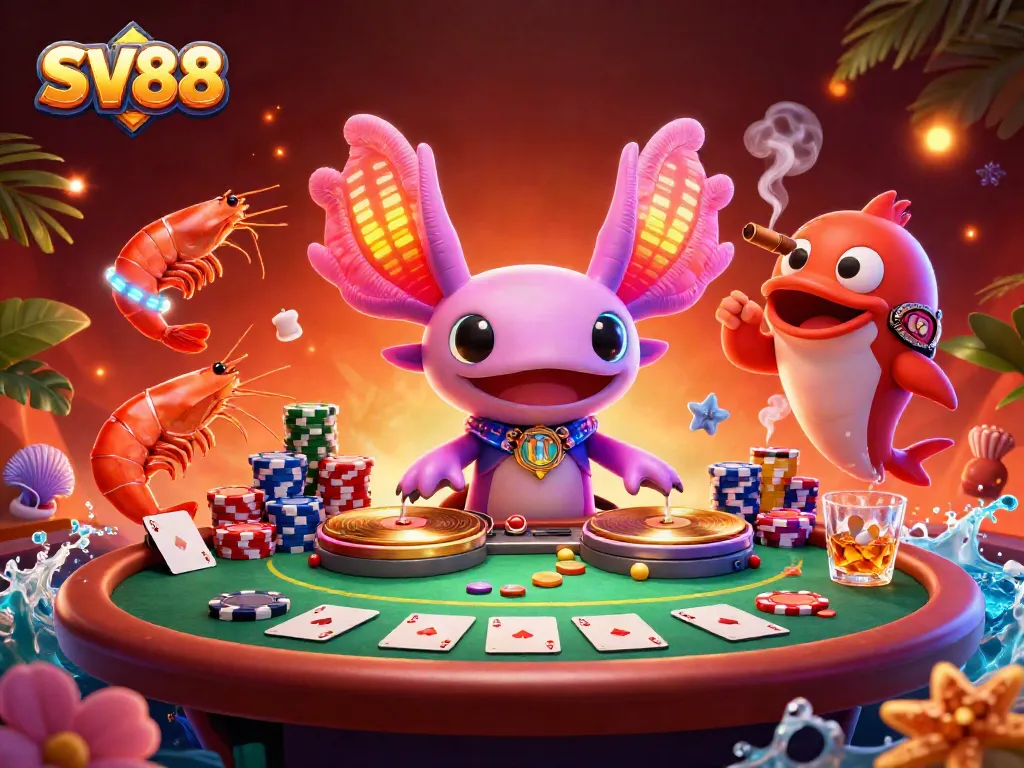 SV88 showcases a vibrant underwater casino scene with a DJ and playful sea creatures celebrating gambling excitement.