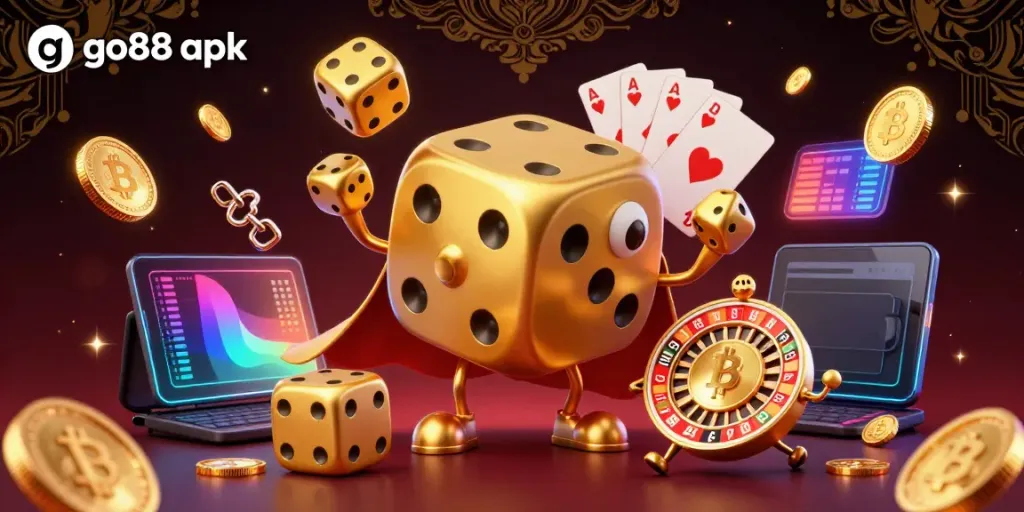 Engage with go88 apk in a vibrant 3D casino scene filled with dynamic gaming elements.