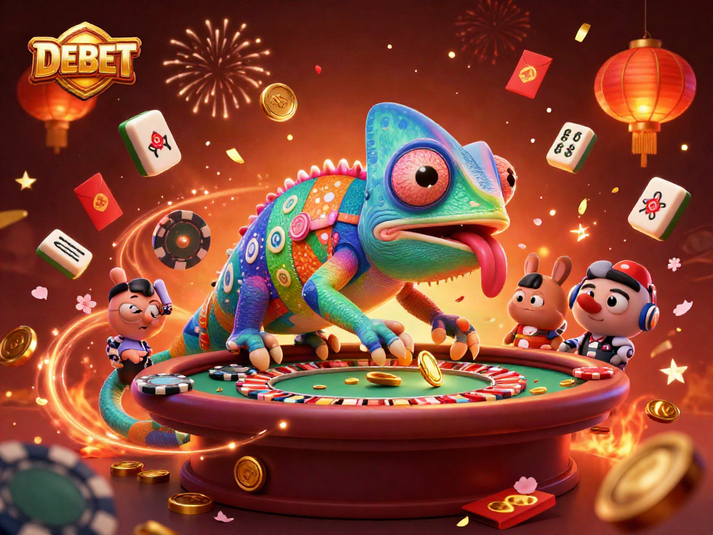 Experience thrilling gaming action as DEBET's vibrant chameleon owner captures golden coins amidst casino festivities.