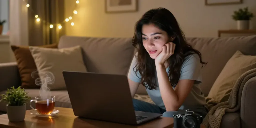 Engaging in a spicy chat with AI in a cozy room.