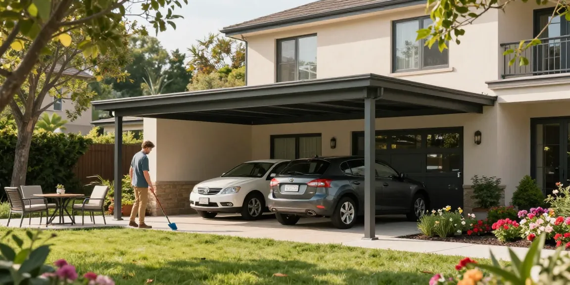 Stylischer Carport schützt Fahrzeuge in einer modernen Wohngegend.