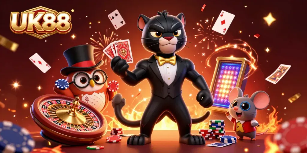 Engage with thrilling UK88 casino games featuring a stylish panther dealer, owl, and mouse amidst poker chips and cards.