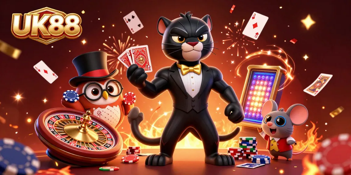 Engage with thrilling UK88 casino games featuring a stylish panther dealer, owl, and mouse amidst poker chips and cards.